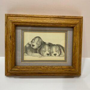 Oak Deep Framed Puppies Slumbering Print Matted Ready to Hang